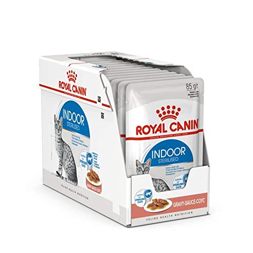 Royal Canin Indoor Sterilised in Soße | 12 x 85 g | Alleinfuttermittel für ausgewachsene Katzen die im Haus Leben | Für sterilisierte Katzen | Häppchen in Soße