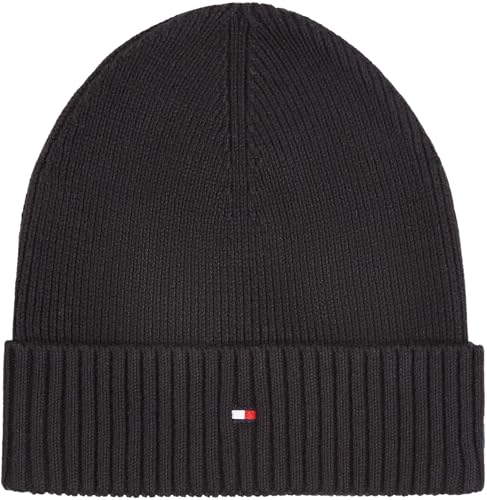 Tommy Hilfiger Herren Strickmütze Flag Cotton Beanie mit Kaschmir, Schwarz (Black), Einheitsgröße