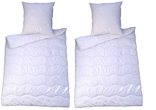 Bettenset 2X Bettdecke und 2X Kopfkissen = 4 teiliges Set Premium Weiss Allergiker Steppbett Steppbettdecke Bettwäsche 2X 135x200 cm & Kopfkissen 2X 80x80 cm Bezug 100% Polyester