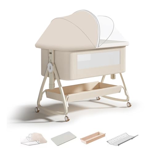 RIKCAT 4-in-1 Beistellbett Baby,Convertible Babybett für Co-Sleeping,Baby Reisebett mit Matratze,6 Höhenverstellbar Stubenwagen Baby mit Rollen,Faltbar Kinderbett von 1 bis 36 Monaten (Beige)