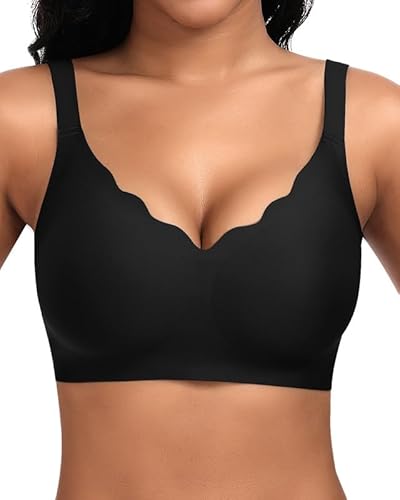 Jiuday BH Damen ohne Bügel Große Brüste Nahtloser Push Up BH Soft Bequemer Seamless Bra T Shirt Bügelloser Gepolstert Klassische Bralette (Schwarz,XL)