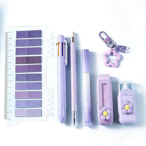 Nurila Ästhetisches Schulmaterial,Stifte Set,Schreibwaren Set à 7,Schreibwarenset: Kugelschreiber ×1, Bleistift ×1, Textmarker ×1, Radiergummi ×1, Korrekturband ×1, Anhänger ×1, Registerkarten ×1