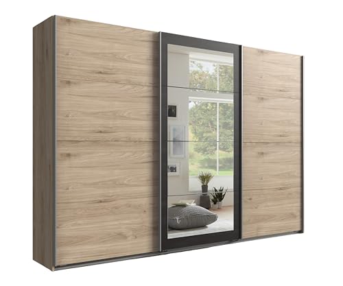 Moderner Schwebetürenschrank 3-türig B270/H208/T65 cm mit Spiegeltür, 3 Einlegeböden u. 3 Kleiderstangen höhenverstellbar, Kleiderschrank in Eichen-Dekor mit Abs. in grauer Stahl-Optik / 22002