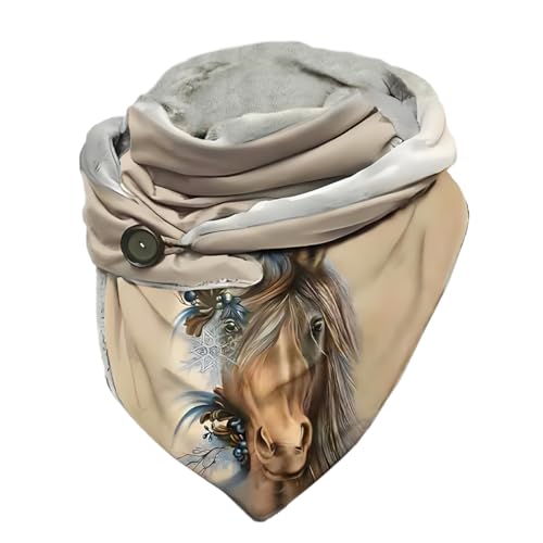 Hiseng Dreieckstuch Damen Schals Groß Dreieck, Tier Pferd Drucken Dreiecksschal Winter Warm Button Knopf Winterschal Lieblingsschal Stola Scarf für Damen Herren