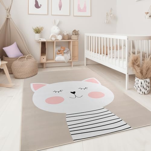 Taracarpet Kinderzimmer Teppich für Kinder, Jungen, Mädchen und Jugendzimmer Fresh Kids Tiere Katze Taupe 160x220 cm