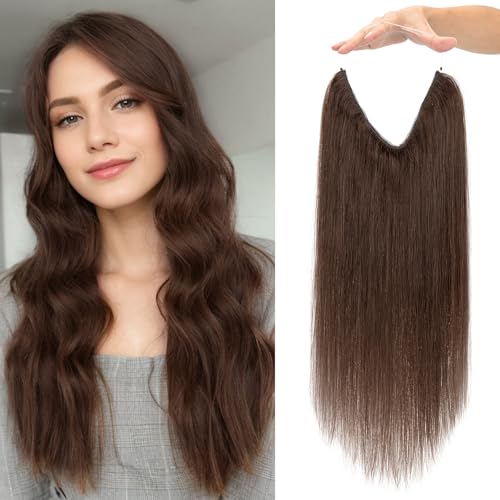 MY-LADY Secret Hair Extensions Echthaar 40cm Halo Hair Extension - Verstellbare Invisible Wire Extensions mit Fish Line - 100% Echthaar Glatt & Natürlich Für Damen #02 Dunkel Braun 65g