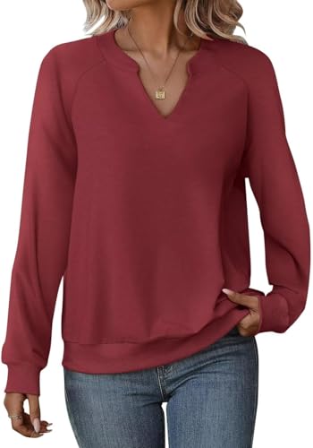 Cuptacc Pullover Damen Langarmshirt Damen V-Ausschnitt Oberteile Elegant Herbst Winter Lässig Tshirt Weinrot Größe L 42-44