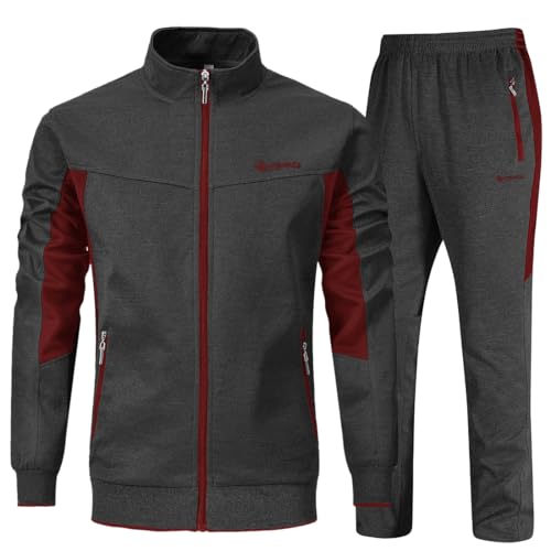 YSENTO Trainingsanzüge für Herren, 2-teiliges Set, Jogginganzüge, Aufwärmen, Sweatanzüge, Trainingsanzüge, 2-Dunkelgrau + Rot, X-Large