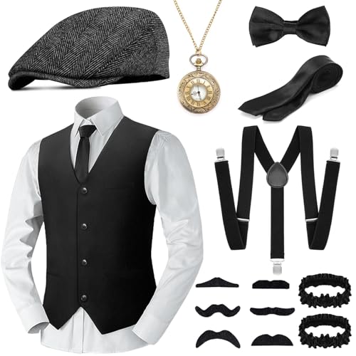 WEARXI Peaky Blinders Karneval Kostüm karnevalskostüm Herren, Mafia 20er Jahre Accessoires Herren Damen mit Weste Hosenträger Hut, Fasching Kostüm Peaky Blinders für Partys