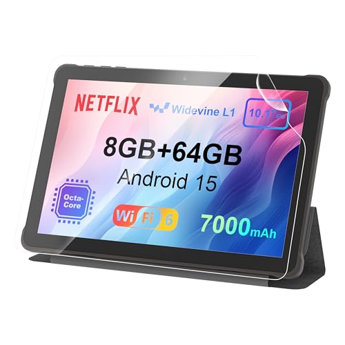 AWOW Tablet 10 Zoll Android 15: 2025 Neueste 7000mAh Octa-Core 8GB RAM+64GB 1TB TF Tablet PC mit WiFi 6 2.4G/5G Bluetooth 5.0 1280 * 800 FHD GMS Dual Kamera mit Hülle und Schutzfolie