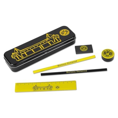 BVB Schreibset mit Metallbox, Exklusives BVB Schulset,schwarzgelb, mit Metallbox, Liniel, 2X Bleistift, Radiergummi und Anspitzer
