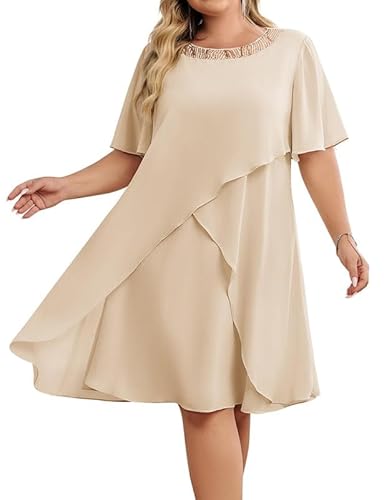 Hanna Nikole Cocktailkleid Damen Elegant GroßE GrößE Hochzeitsgäste Kleider Chiffon Abendkleider Glitzer Mit Pailletten Rundhalsausschnitt Festlich Midikleid FüR Die Brautmutter