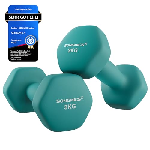 SONGMICS Hanteln, 2er Set, 2 x 3 kg, Hantelset, Kurzhanteln, Hexagon, Neopren-Beschichtung, Krafttraining, Workout, Fitnesstraining, für Zuhause, aquamarinblau SYL906Q01
