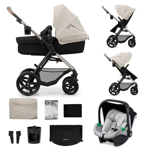 Kinderkraft MOOV 2 Kinderwagen 3 in 1 Kinderwagenset bis 22 kg mit Kindersitz I-SIZE 40-75 cm, Buggy Funktion, Liegeposition verstellbar, Große ausziehbare Verdeck, Eva-Schaum-Räder, Grau