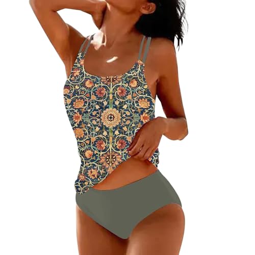 Tankinis Damen-Badeanzug, zweiteilig, Blumendruck, genäht, gepolsterter BH, doppelt, Rüschen, dreieckige Körbchen mit Spaghettiträgern, AG, M