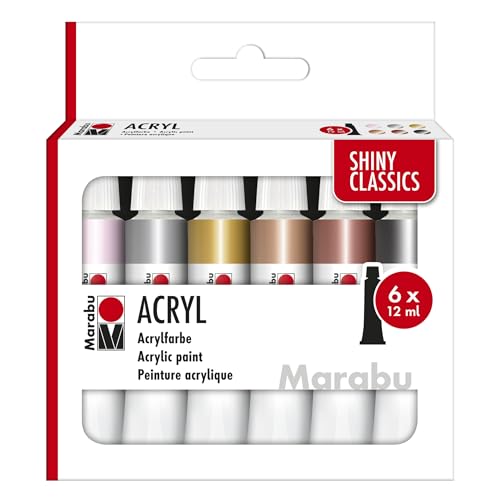 Marabu Acrylfarben Set SHINY CLASSICS, 6 x 12 ml metallisch schimmernde Farben, leicht vermalbar, schnell trocknend, lichtecht, wetterfest, für viele Maltechniken und Untergründe, 1210000000212