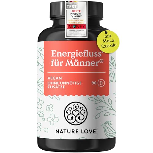 NATURE LOVE® Energiefluss für Männer - 90 Kapseln - Mit Tribulus Terrestris Extrakt, Maca Extrakt, L-Arginin, L-Citrullin, Zink, Folat, Vitamin C, Pflanzenstoffen - Hochdosiert, vegan und laborgeprüft