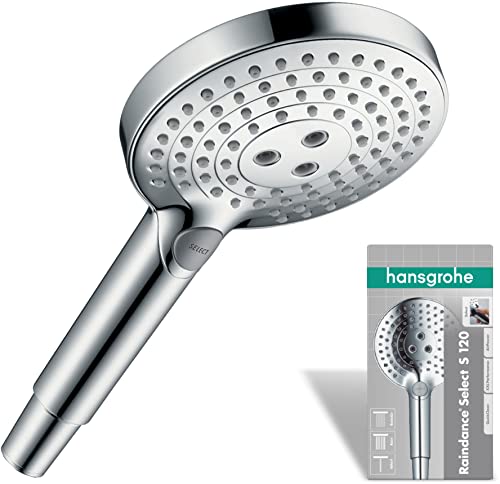 hansgrohe Raindance Select S - Duschkopf, Handbrause mit 3 Strahlarten, runde Duschbrause (⌀ 120 mm), Brausekopf mit Antikalk-Funktion, Chrom