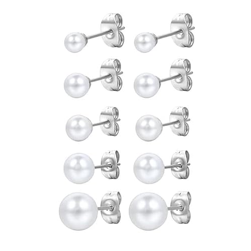 PlandleLee 5 Paar Perlenohrringe Silber 925, Perlenohrringe, Weiße Perlenohrstecker, Damen Ohrstecker, Perlen Ohrringe Damen, Perlenohrstecker mit echten Perlen, Ohrringe Set für Mädchen, 4-8mm