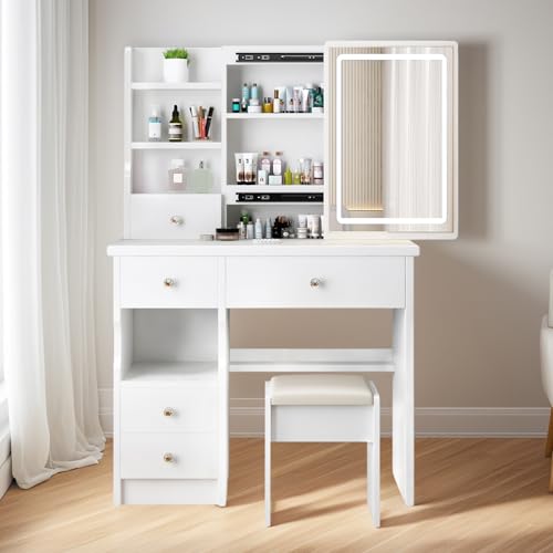 YuYe Schminktisch mit LED-Beleuchtung, Spiegel einstellbare Helligkeit, Schminktisch mit Hocker,Frisiertisch mit 5 Schubladen und 3 Ablagen, Modern Kosmetiktisch aus Holz Weiß (T68)
