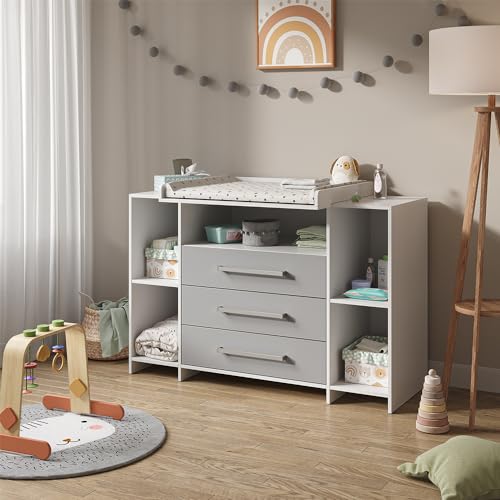 Vicco Wickelkommode Oskar, Wickelaufsatz für die Kommode, Grau, 143 x 100 cm XL mit Schubladen