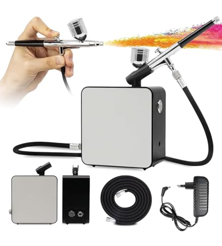 JUNIERS Airbrush-Set mit Kompressor inkl. 3 meter Schlauch - Profi Air-Brush Double Pistole Kit AG-102K - Multifunktional für Modellbau, Tätowierung, Torten, Tanning & mehr