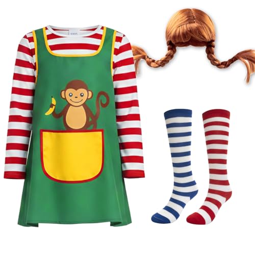 Freches Mädchen in Strümpfen Kostüm für Damen, 4-teilig mit Shirt, Schürze, Bunte Strümpfe, Perücke, Karneval Verkleidung Faschingskostüm für Damen, Outfit für Karneval, Halloween Fasching, Mottoparty