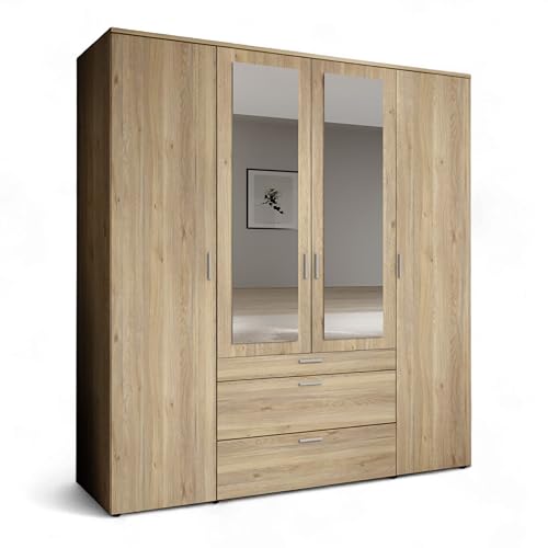 Stella Trading VESALA Kleiderschrank mit Spiegeltüren in Mauvella Eiche Optik - Vielseitiger Drehtürenschrank 4-türig für Ihr Schlafzimmer - 180 x 195 x 56 cm (B/H/T)