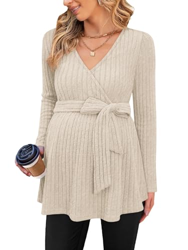 FMEYOA Damen-Umstands-Shirt, langärmelig, V-Ausschnitt, gerippt, Blusen für Schwangere, Beige, Mittel