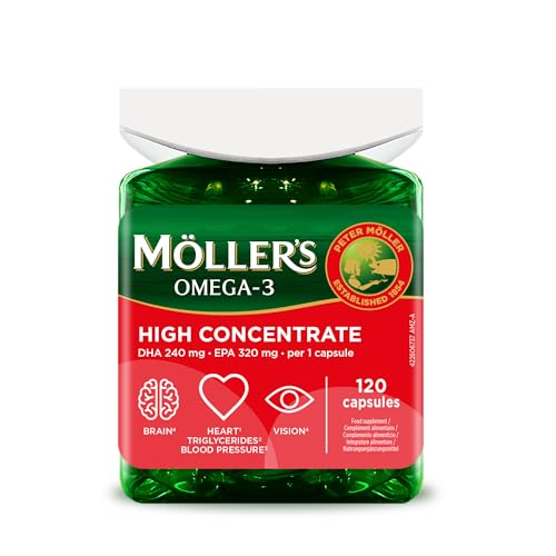 Moller’s ® | High Concentrate | Omega-3 | Premium-Fischöl | Hochdosiert bis zu 3360 mg EPA+DHA pro Tagesdosis | in Triglyceridform | für Gehirn, Sehkraft, Herz, Blutdruck | 120 Weichkapseln