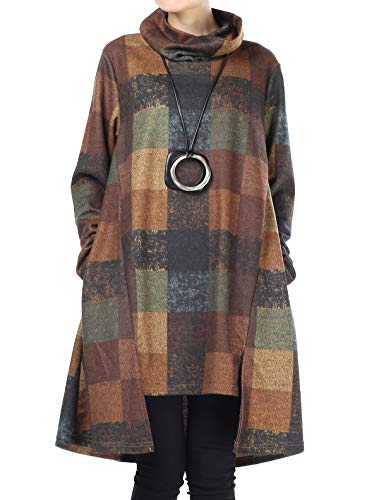 FTCayanz Damen Rollkragen Tunika Kleid Vintage Langarm Kariert Shirt A-Linie Pullover Oberteile mit Taschen Gelb XXL