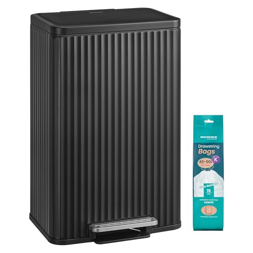 SONGMICS Mülleimer Küche, 50 Liter, Abfalleimer mit Pedal, Tretmülleimer mit Deckel, Softclose, Inneneimer herausnehmbar, Stahl, inklusive 15 Müllbeutel (Code K), tintenschwarz LTB586BZ02