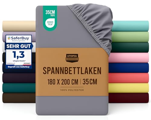 Utopia Bedding - Spannbettlaken 180x200cm - Grau - Oeko-Tex Zertifiziertes Gebürstete Polyester-Mikrofaser Spannbetttuch - 35 cm Tiefe Tasche