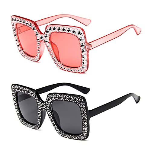 TSHAOUN 2 Stück Mode Sonnenbrillen,Vintage Rechteckige Sonnenbrille für Damen und Herren,Übergroße Diamant Sonnenbrille Quadrat Retro Schutz Outdoor Brille,Für Den Einkauf Reisen(2 Pack) (2 Pack)