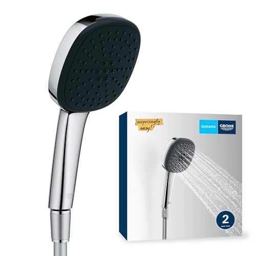 GROHE Vitalio 110, Duschkopf mit Schlauch, 14l pro Min (Handbrause 2 Strahlarten, Universalanschluss, Silikonring schützt bei Stürzen, Duschbrause mit Duschschlauch 1,5m), eckig, chrom, 26973001