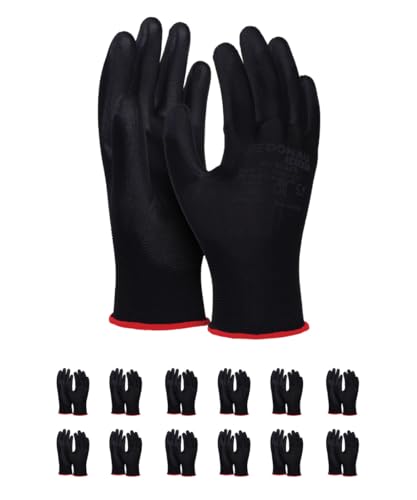 DONAU SAFETY Montagehandschuhe Handschuhe/Größe 09, 12 Paar/Kat. II/Schwarz/Handschuhe Arbeitshandschuhe aus Polyester/Polyurethan/Garten-, Builders, Mechaniker