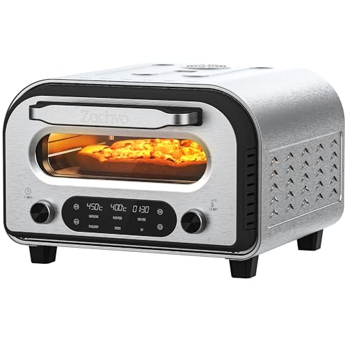ZACHVO Pizzaofen Elektrisch – 450 °C für 90 Sek. Pizza, 5 Programme + DIY, LED Touchscreen & Drehregler, inkl. Pizzastein 32 cm, Pizzaschieber & Rezeptbuch, Edelstahl, Schwarz