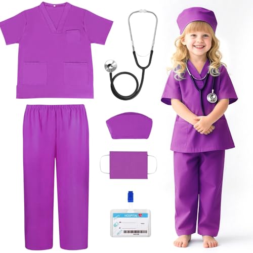 CLIUNT Arzt Kinder Arztkittel, 6PCS Arzt Kostüm Kinder, mit Oberteile, Hosen, Hauben, Masken, Stethoskop, für 105-115cm Jungen und Mädchen