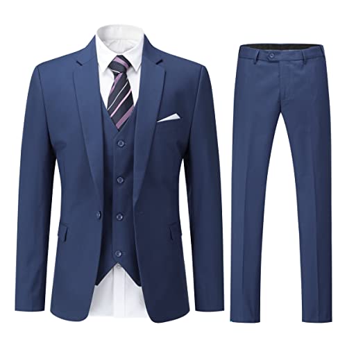 YOUTHUP Herren 3 Teilig Anzug Slim Fit Formell Anzüge 1 Knopf Herrenanzug für Business Hochzeit, Navy Blau, L