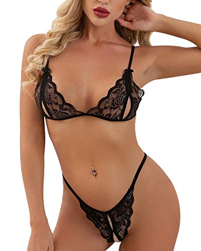 heekpek BH Damen Set Spitze Dessous Sexy Unterwäsche Lingerie Lace Verstellbarer Unterwäsche-Tanga Set, Schwarz, S-M