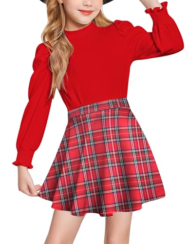 Arshiner Bekleidungssets für Mädchen Rot Bluse mit A-Linie Rock Set Kinder Mode Langarm Rollkragen Kleidung Set Freizeit Zweiteilig Herbst Winter Weihnachten Outfits 130/8-9 Jahre