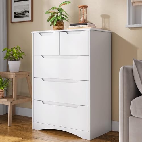 Blishom Kommode mit 5 Schubladen, Kommode für Schlafzimmer, für Büro, Wohnzimmer, Schlafzimmer, Flur, Möbel, 72x41x94 cm, Weiß