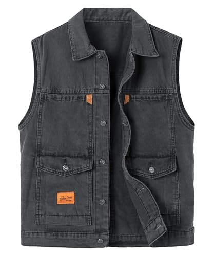 Yukirtiq Herren Denim Westen Casual Ärmellose Jeans Weste Kutte Biker-Weste Vintage Motorradweste Outdoor Jeansweste mit Vielen Taschen, Schwarz, XXL