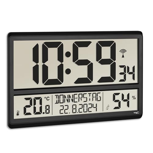 TFA Dostmann XL Wanduhr digital, 60.4520.01, mit Temperatur und Luftfeuchtigkeit, Wochentag (8 Sprachen), Funkuhr, gut ablesbar, groß, schwarz