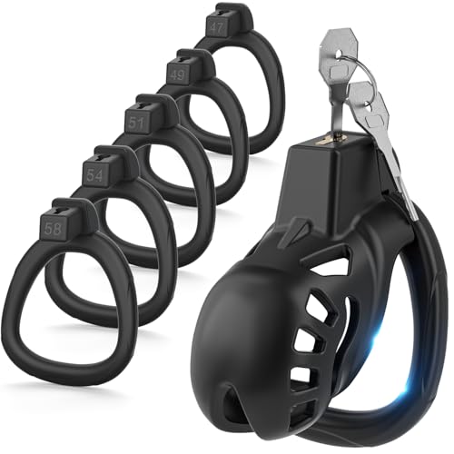 Yivans Harz Keuschheitskäfig Sex Spielzeug für die Männer Keuschheitsgürtel Cock Cage mit 5 Penisringe, SM Fetisch Extrem Penis Bondage Hohldesign Atmungsaktiv Peniskäfig(Schwarz - S)