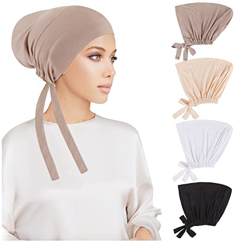 PHOGARY 4 Stück Frauen Undercap Hijab, Islamische Muslimische Unterschal Hijabcap mit Tie Back Closure Solid Color Unter Schal Hijab Mütze Turban Kopfbedeckung Chemo Kopftuch Schlafmütze (C)
