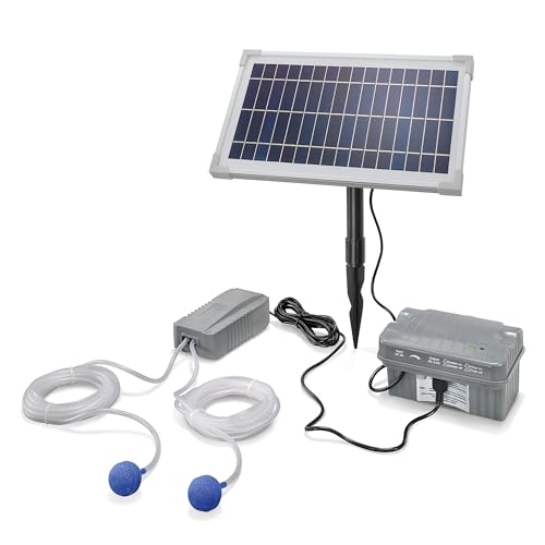 esotec Solar Teichbelüfter Set 8/200 mit Akku-Speicher, Sauerstoffpumpe 100 l/h Luftleistung pro Ausgang, Teichbelüftung, Solarpanel 8W, Erdspieß 101846
