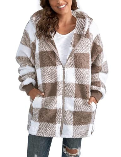 ABINGOO Damen Teddy Fleece Mantel Kariert Warm Winterjacke Kapuzenjacke Flauschig Plüschjacke Reißverschluss Sweatshirt mit Kapuze und Taschen(Beige,XXL)