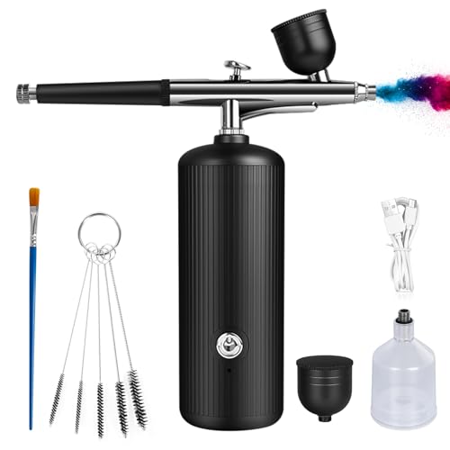 Airbrush-Kit mit Kompressor - Wiederaufladbares, Tragbares, Verstopfungsfreies Hochdruck-Airbrush-Set mit Düse und Reinigungsbürsten-Set für Nail Art, Makeup, Friseur, Tortendekoration (Schwarz)