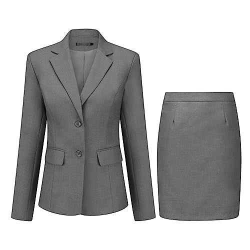 YUNCLOS Damen 2-teiliges Rock-Anzug-Set, langärmelig, Blazer-Jacke und Bleistiftrock, Dunkel_Grau, Klein